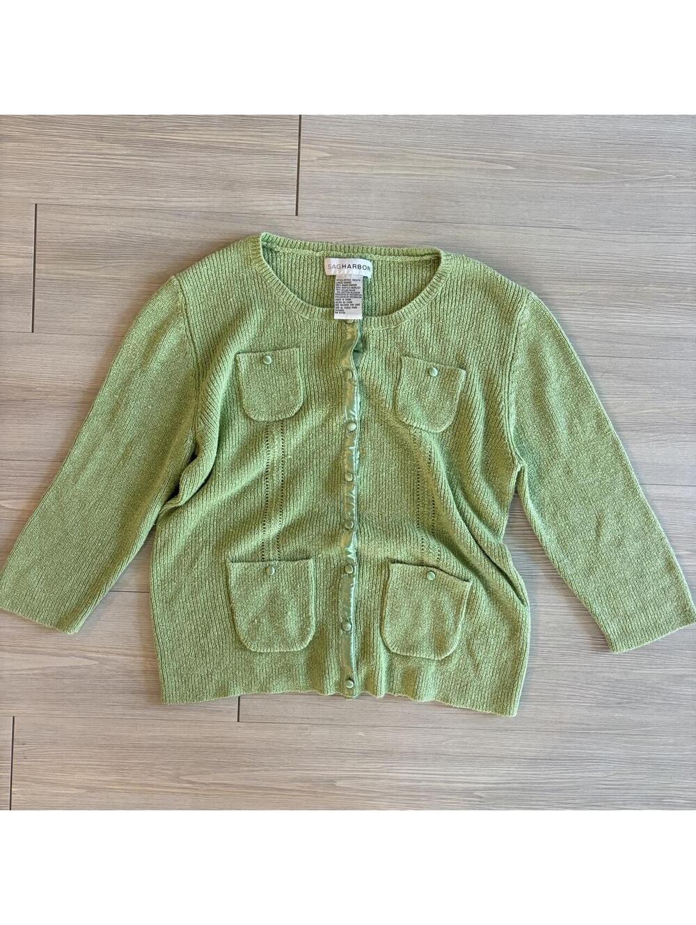 Vintage Sag Harbor Sage Green Knit Cardigan Sweater Size L Y2K Satin Trim
